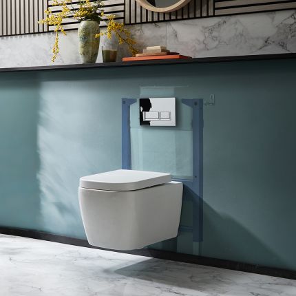 Milano Longton - White Modern Wall Hung Toilet with Short Wall Frame - Choice of Flush Plate