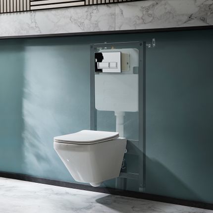 Milano Farington - White Modern Rimless Wall Hung Toilet with Tall Wall Frame - Choice of Flush Plate