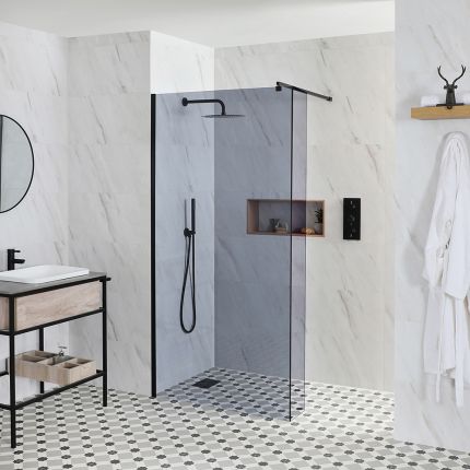 Milano Nero-Luna - Smoked Glass Wet Room Shower Enclosure with Hinged Return Panel - Choice of Glass Size and Drain