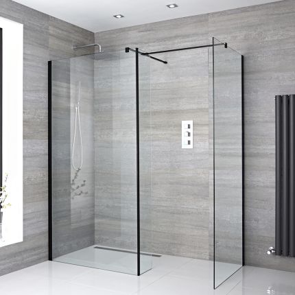 Milano Nero - Corner Wet Room Shower Enclosure with Hinged Return Panel - Choice of Glass Size & Drain