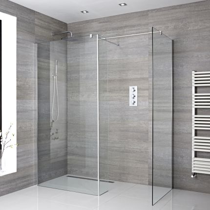 Milano Portland - Corner Wet Room Shower Enclosure with Hinged Return Panel - Choice of Glass Size & Drain