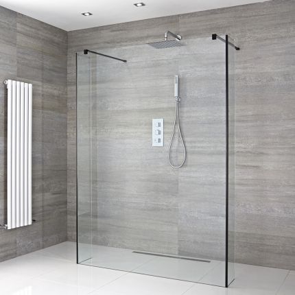 Milano Nero - Open Walk-Through Wet Room Shower with Hinged Return Panels - Choice of Glass Size & Drain