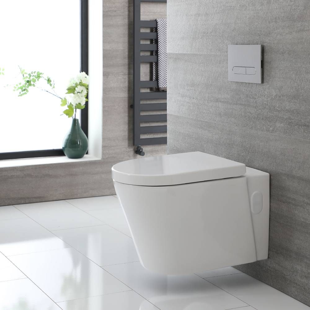Milano Ballam - White Modern Round Rimless Wall Hung Toilet with Soft Close Seat