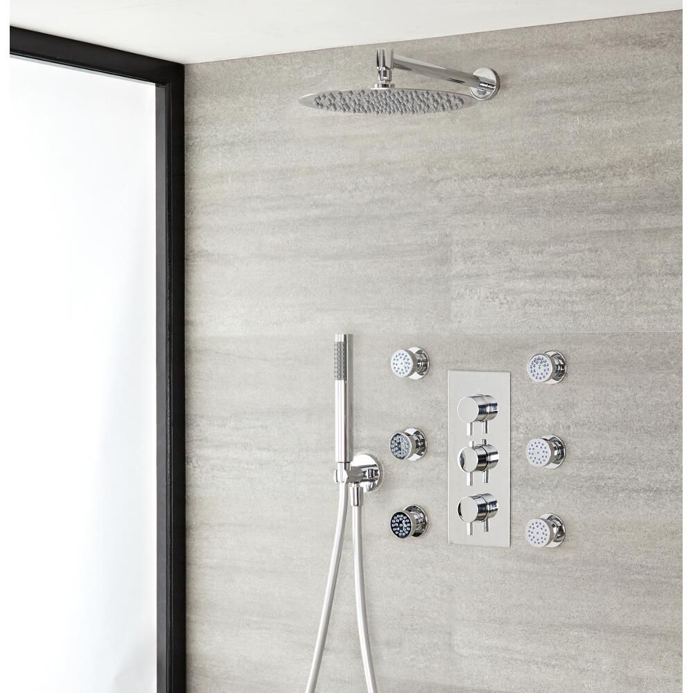 Milano Mirage - Chrome Thermostatic Shower with Diverter, Shower Head, Hand Shower and Body Jets (3 Outlet)