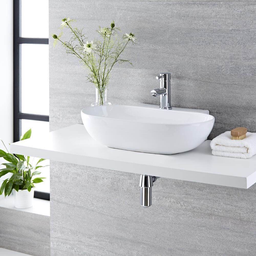 Milano Overton - White Modern Oval Countertop Basin with Mono Mixer Tap - 555mm x 395mm