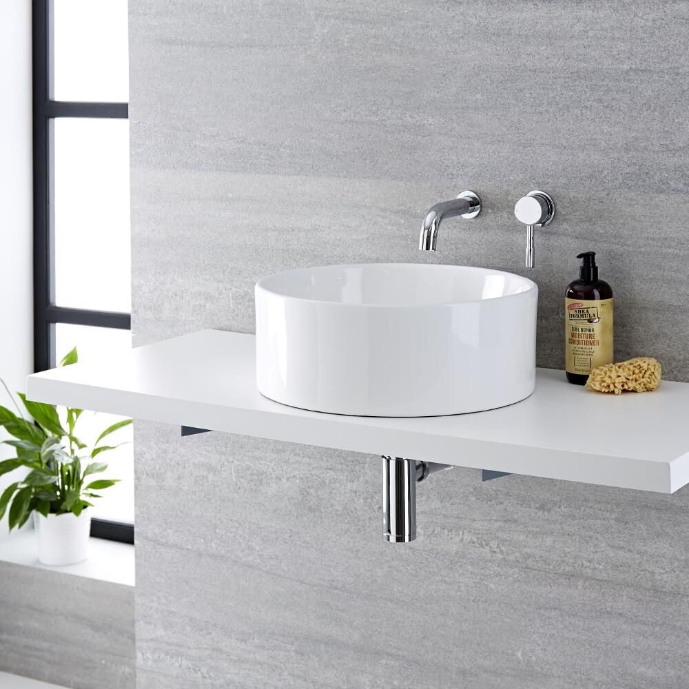 Milano Ballam - White Modern Round Countertop Basin with Wall Mounted Mixer Tap - 400mm x 400mm