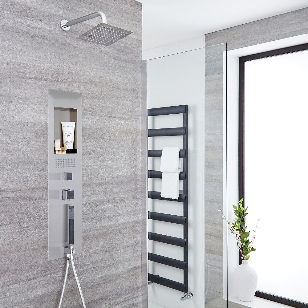 Milano Lisse - Concealed Brushed Shower Tower Panel with 200mm Square Head and Wall Arm