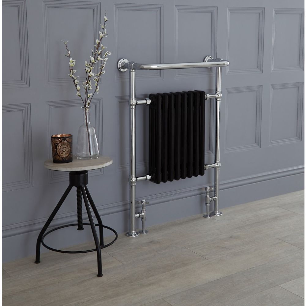 Milano Elizabeth - Chrome and Black Traditional Heated Towel Rail - 960mm x 675mm (With Overhanging Rail)