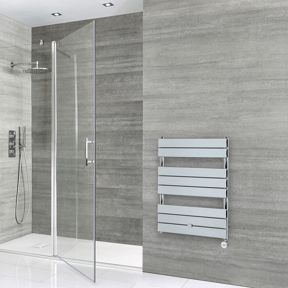 Milano Lustro Electric - Chrome Flat Panel Designer Heated Towel Rail - 840mm x 600mm