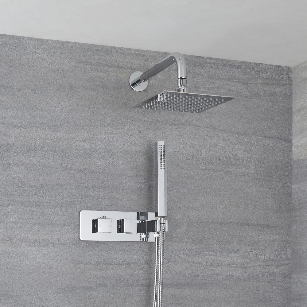 Milano Arvo - Chrome Modern Square Twin Diverter Thermostatic Shower Valve with Handset and 200mm Head (2 Outlet)