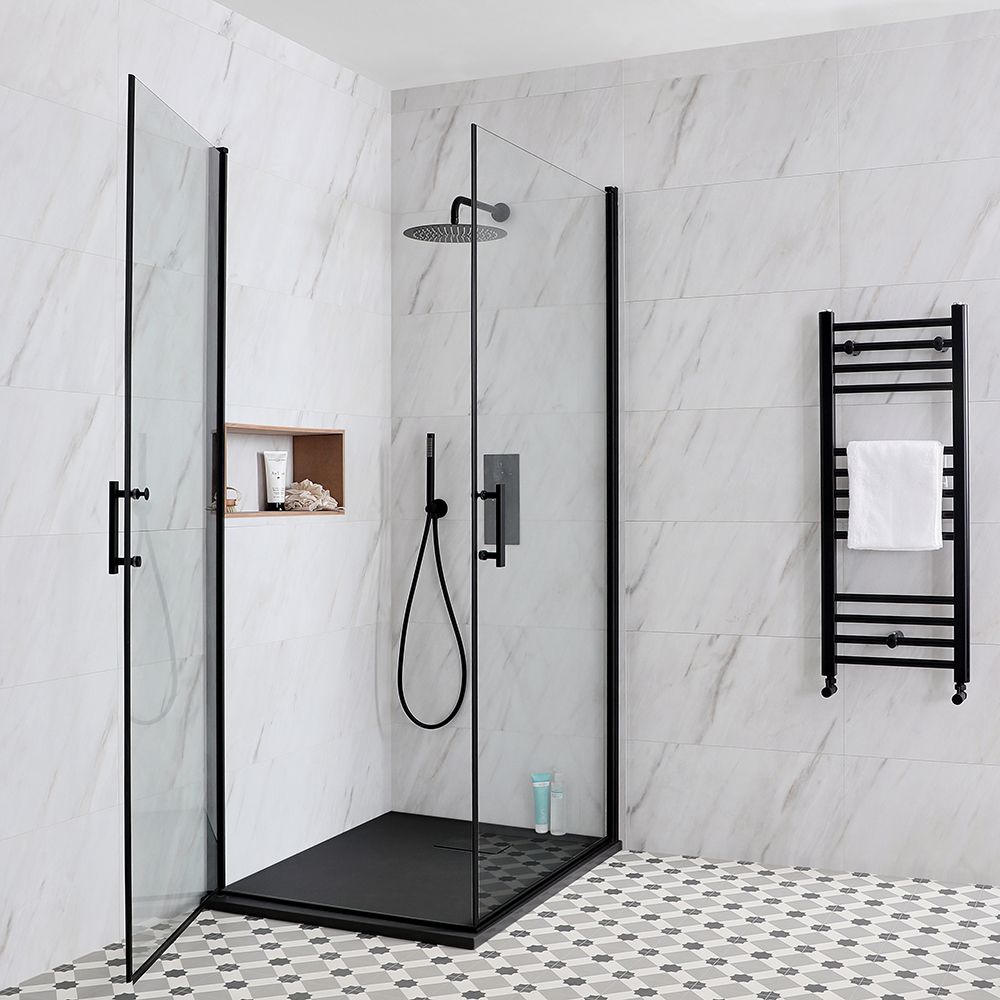 Bathroom Corner Hinged Black Shower Enclosure with Matt Aluminum