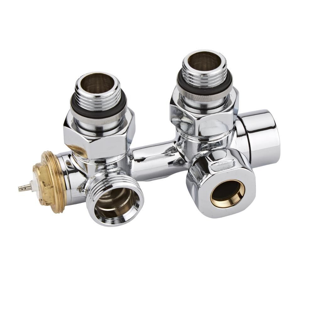 Milano - Chrome Thermostatic H-Block Angled Radiator Valves - 15mm Copper Euro Cone Adapters