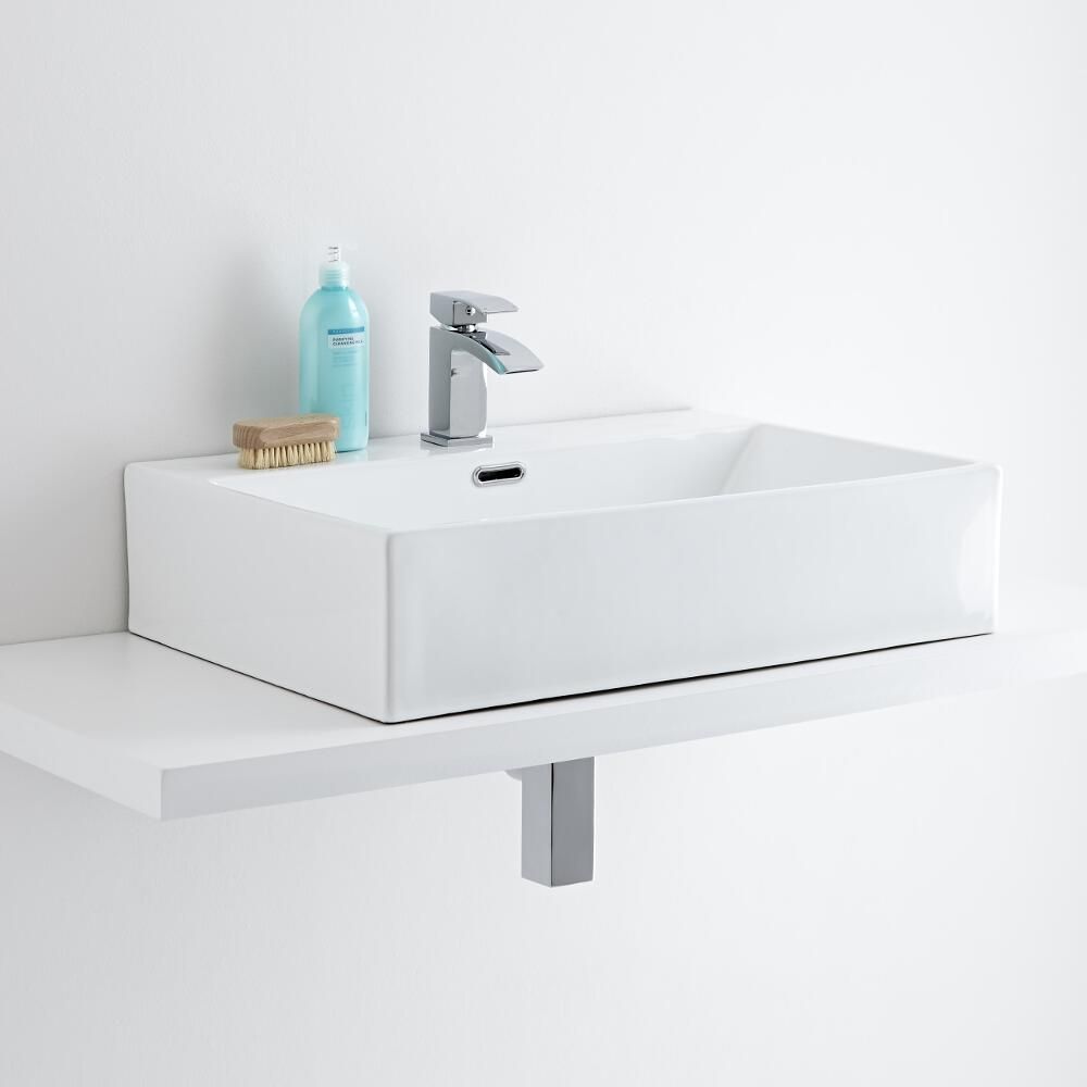 Milano Elswick - White Modern Rectangular Countertop Basin with Deck Mounted Mixer Tap - 600mm x 420mm