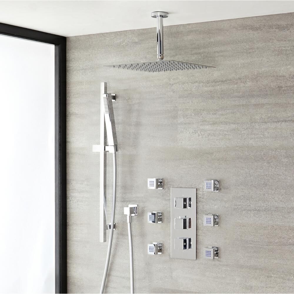 Milano Arvo - Chrome Thermostatic Shower with Diverter, Shower Head, Hand Shower, Body Jets and Riser Rail (3 Outlet)
