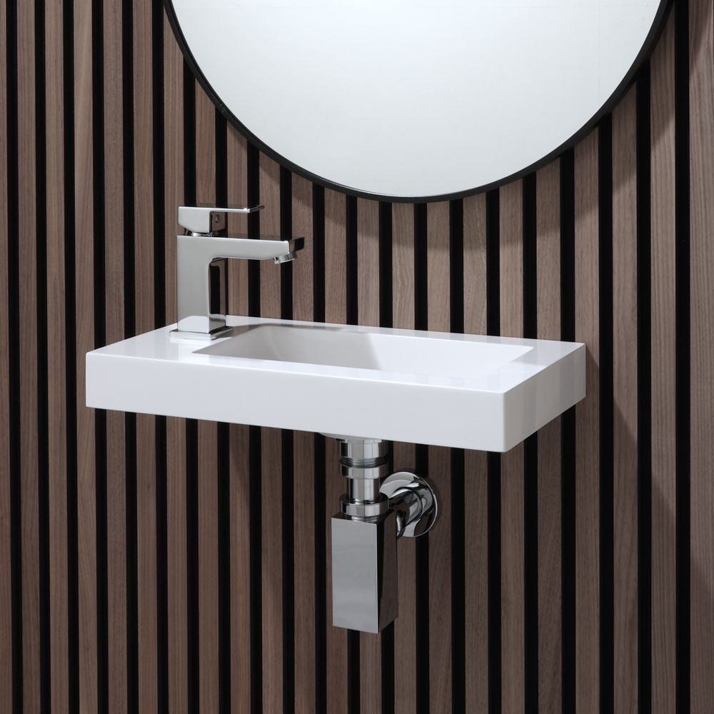 Milano Elswick - Modern Rectangular Wall Hung Cloakroom Basin - 440mm x 235mm (1 Tap-Hole) - Choice of Tap and Trap Finish