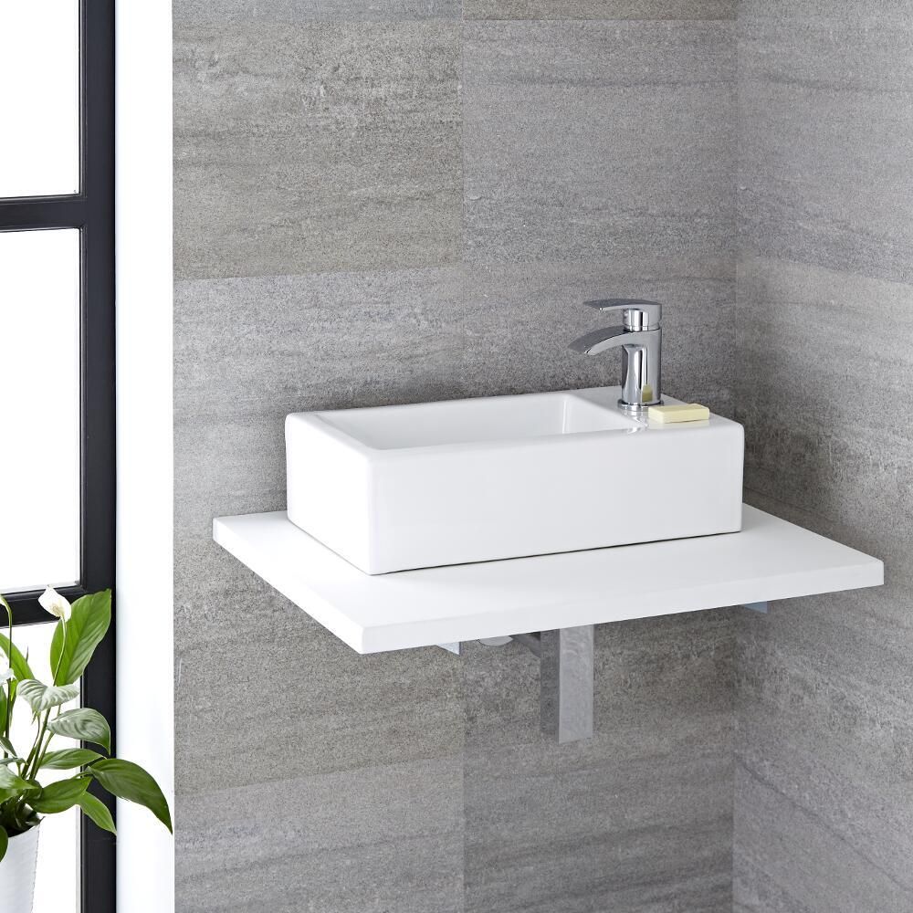 Milano Elswick - White Modern Rectangular Countertop Basin with Deck Mounted Mixer Tap - 450mm x 250mm