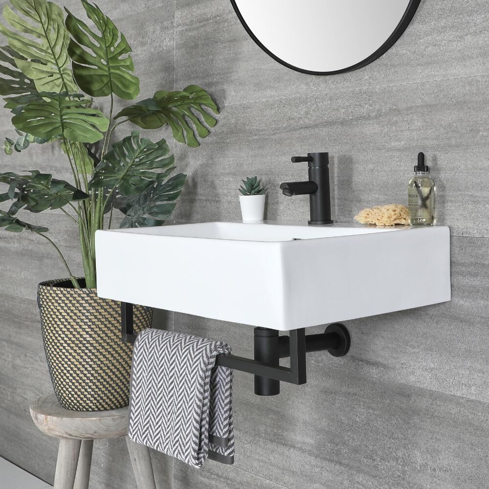 Milano Elswick - White Modern 605mm x 430mm Rectangular Wall Hung Basin with Black Towel Rail