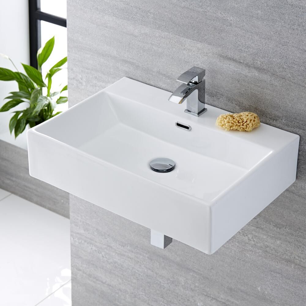 Milano Elswick - White Modern Rectangular Wall Hung Basin - 600mm x 420mm (1 Tap-Hole)