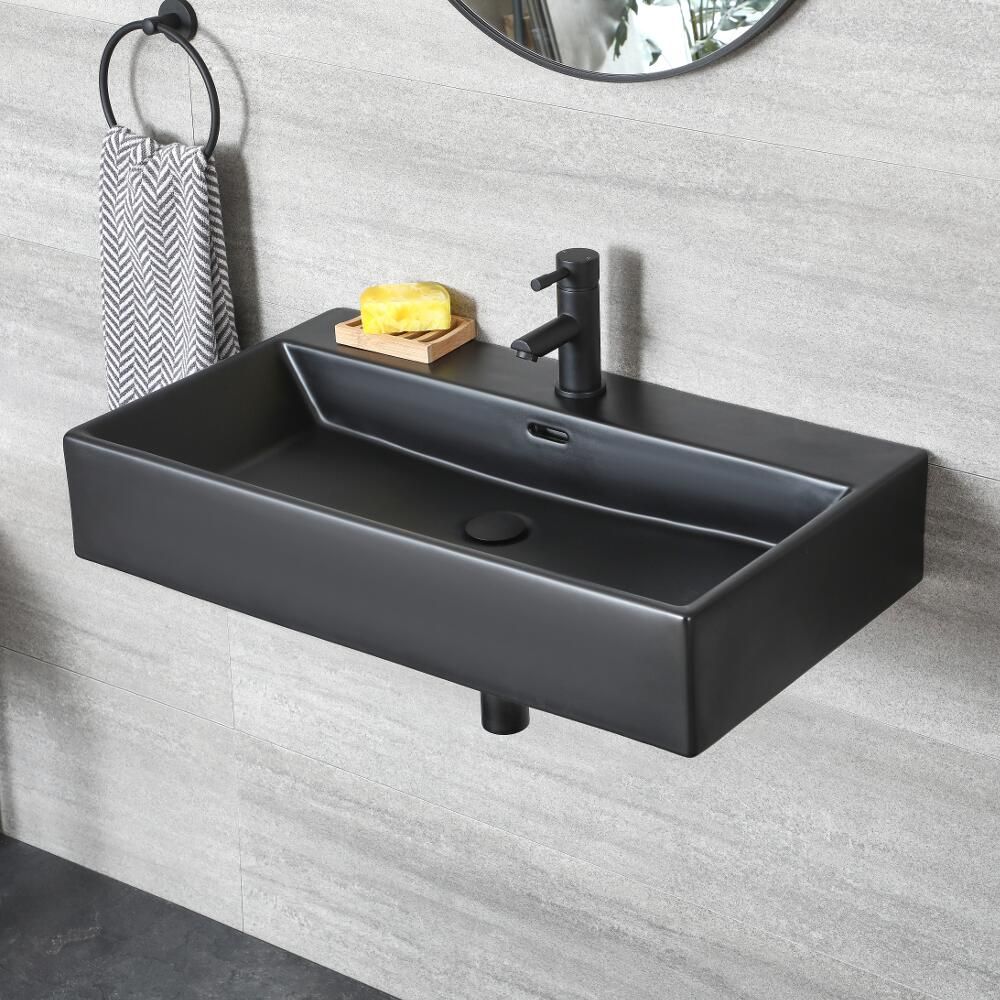 Milano Nero - Black Modern Rectangular Wall Hung Basin - 750mm x 420mm (1 Tap-Hole)