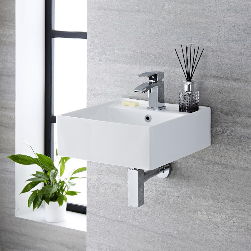 Milano Dalton - White Modern Square Wall Hung Basin - 410mm x 410mm (1 Tap-Hole) - with Chrome Overflow