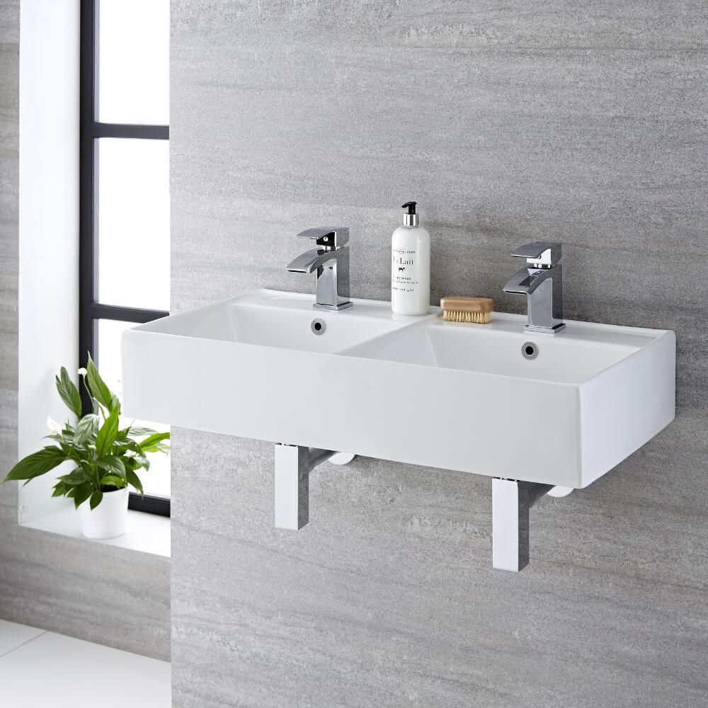 Milano Dalton - White Modern Double Rectangular Countertop Basin - 820mm x 420mm (2 Tap-Holes) - with Chrome Overflow
