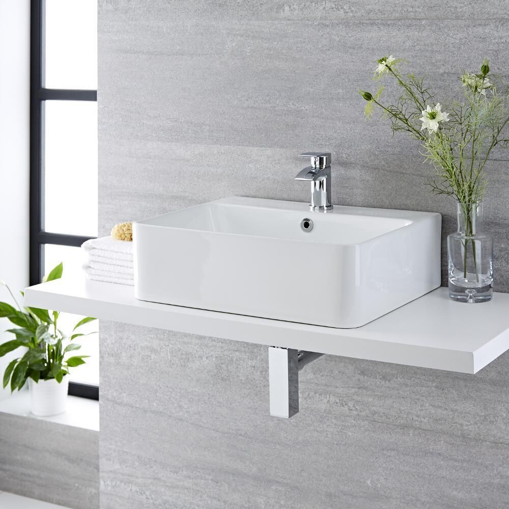 Milano Farington - White Modern Rectangular Countertop Basin - 520mm x 420mm (1 Tap-Hole) - with Chrome Overflow