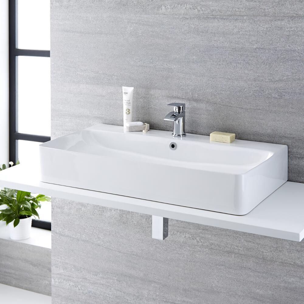 Milano Farington - White Modern Rectangular Countertop Basin - 800mm x 415mm (1 Tap-Hole) - with Chrome Overflow