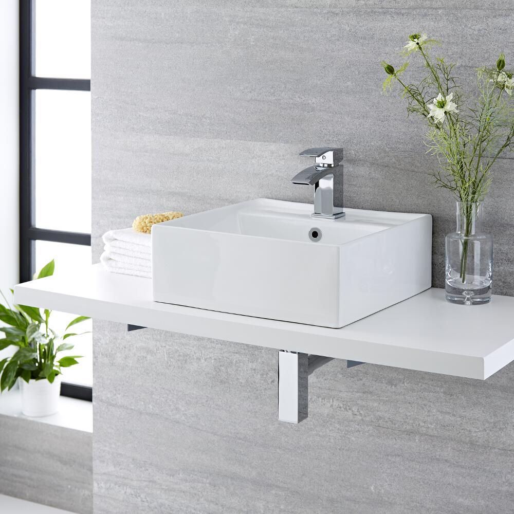 Milano Dalton - White Modern Countertop Basin - Choice of Size and Overflow Ring Finish
