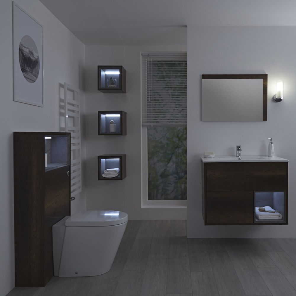 Milano Bexley - Dark Oak Modern 800mm Vanity Unit, WC Unit, Rivington Pan, Three Storage Units and Mirror