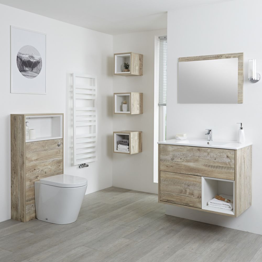 Milano Bexley - Light Oak Modern 800mm Open Shelf Vanity Unit, WC Unit and Back to Wall Pan