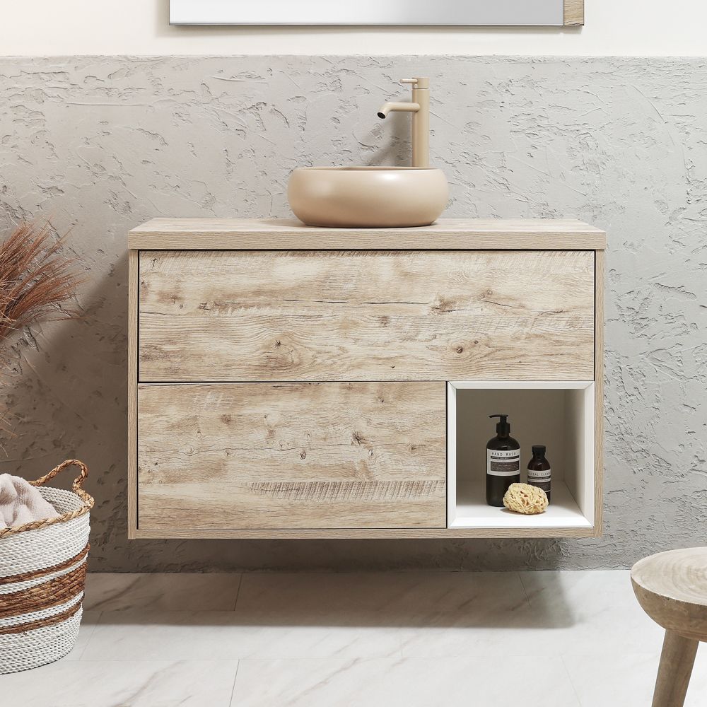 Milano Bexley - 1000mm Wall Hung Open Shelf Vanity Unit - Choice of Elements Basin, Finish and LED Light