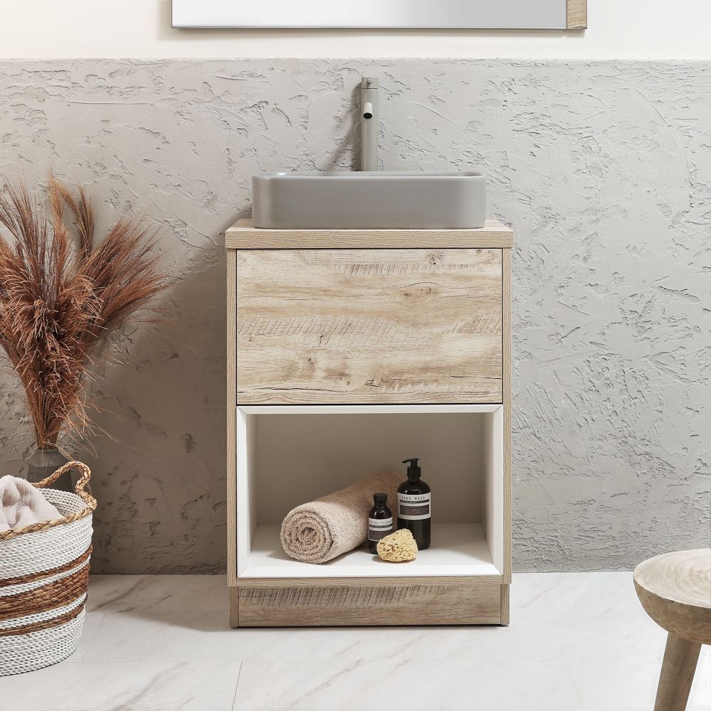 Milano Bexley - 600mm Open Shelf Vanity Unit with Elements Countertop Basin - Choice of Basin, Finish and LED Light