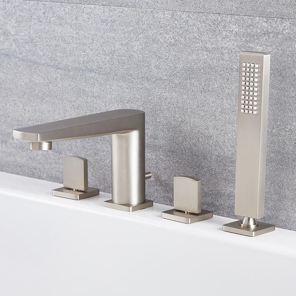Milano Hunston - 4 Tap-Hole Modern Deck Mounted Bath Shower Mixer Tap with Hand Shower - Brushed Nickel