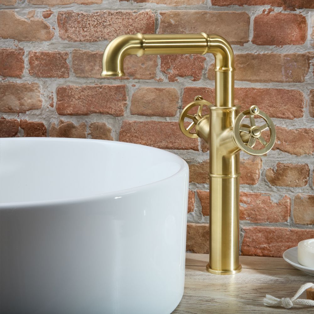 Milano Zandra - Industrial Style High Rise Mono Basin Mixer Tap - Brushed Brass