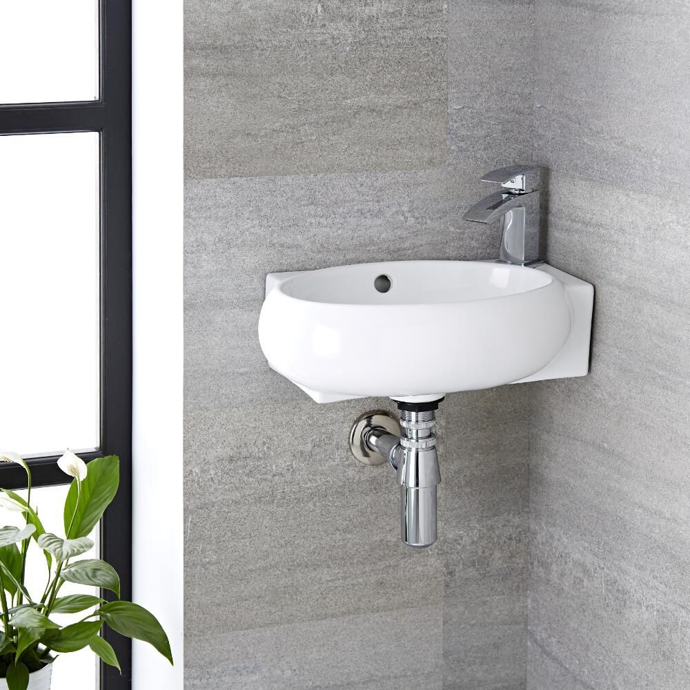 Milano Irwell - White Modern Round Wall Hung Corner Basin with Mono Mixer Tap - 430mm x 280mm
