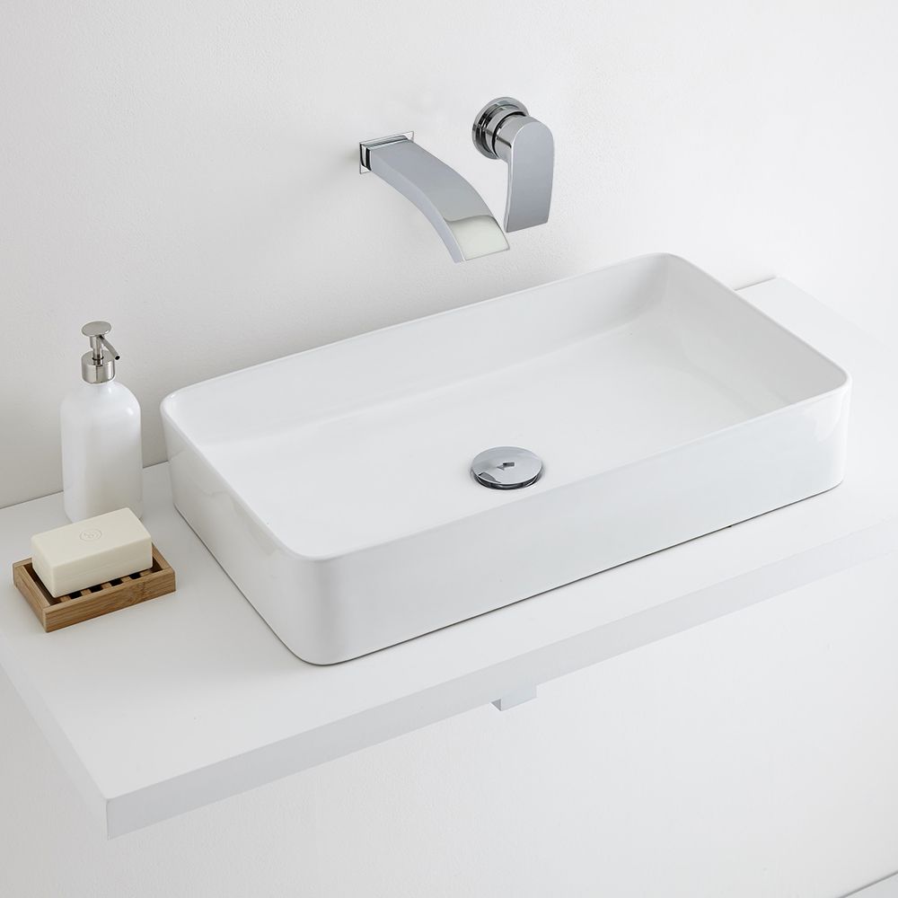 Milano Rivington - White Modern Rectangular Countertop Basin with Wall Mounted Mixer Tap - 610mm x 350mm