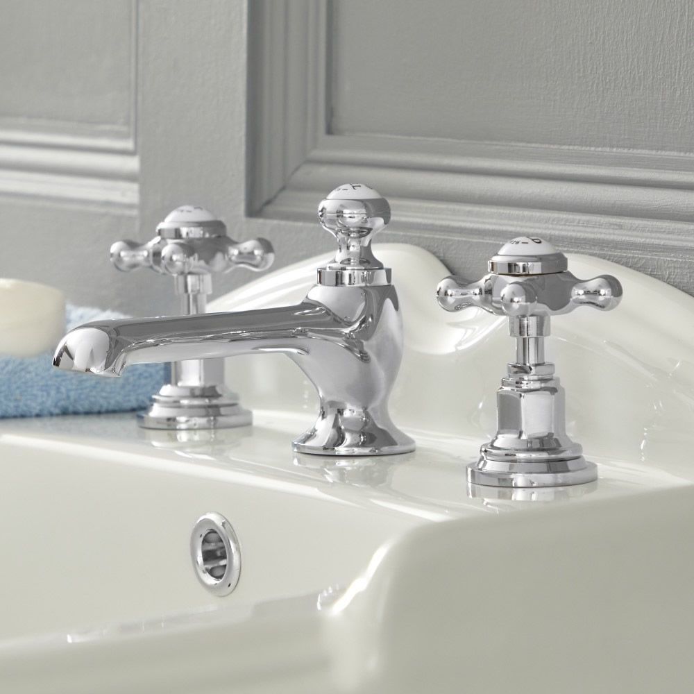 Milano Elizabeth - Traditional 3 Tap-Hole Crosshead Basin Mixer Tap - Chrome and White
