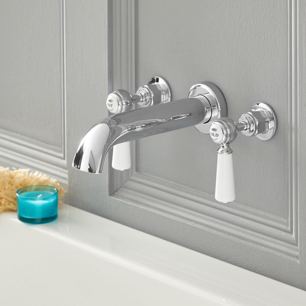 Milano Elizabeth - Traditional Wall Mounted 3 Mixer Tap-Hole Lever Bath Filler Mixer Tap - Chrome and White