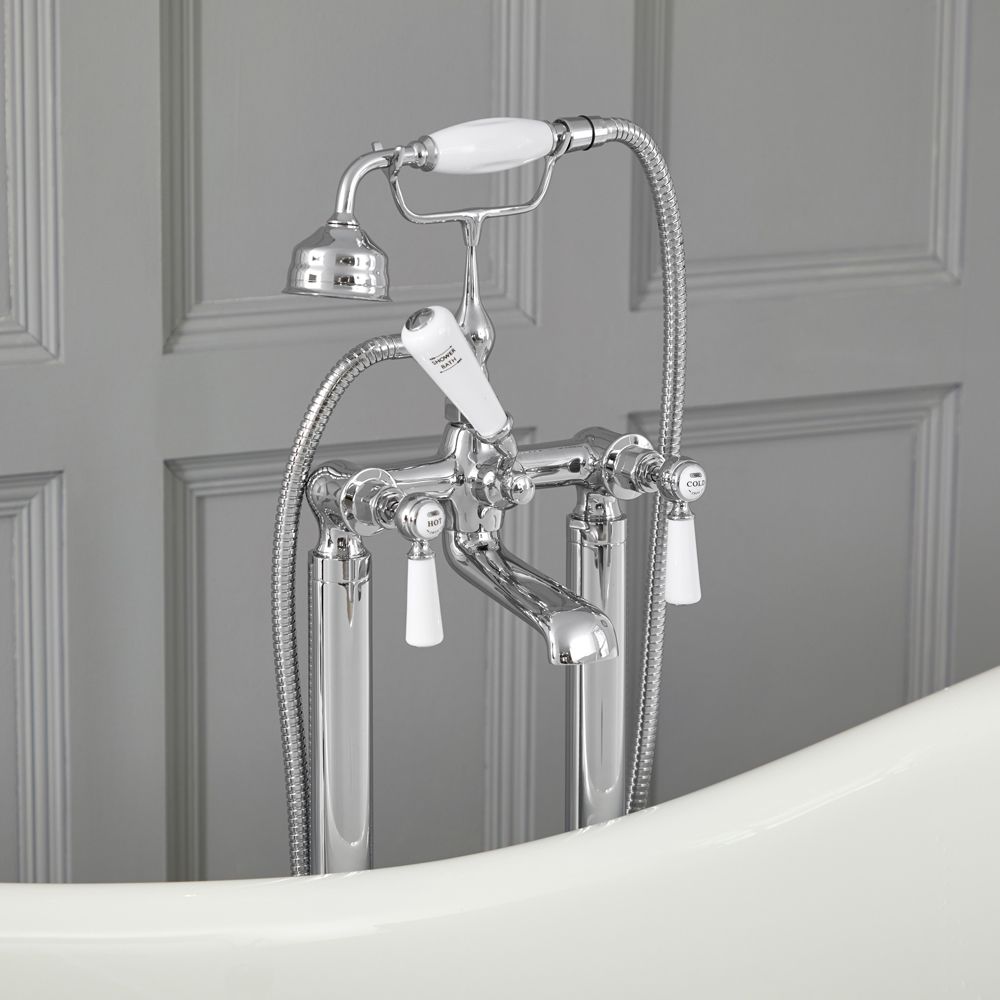 Milano Elizabeth - Traditional Freestanding Lever Bath Shower Mixer Tap with Hand Shower - Chrome and White
