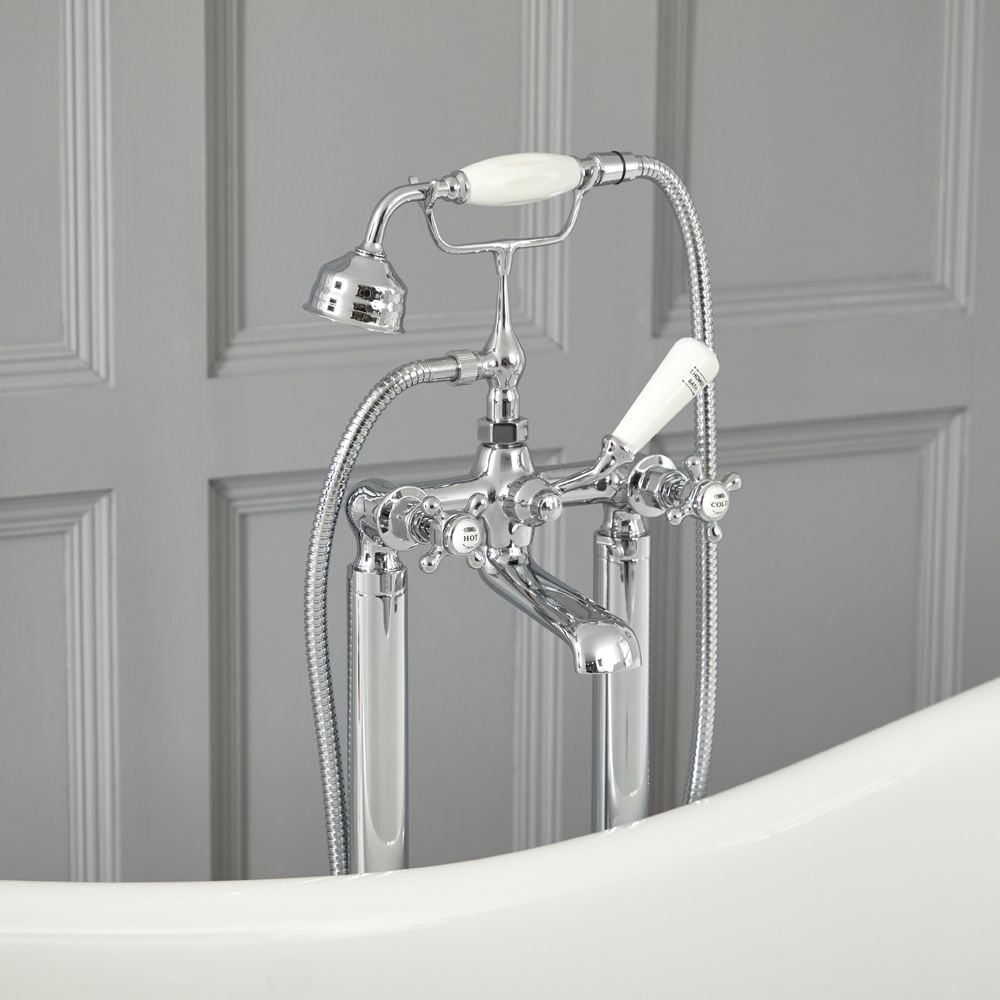 Milano Elizabeth - Traditional Freestanding Crosshead Bath Shower Mixer Tap with Hand Shower - Chrome and White