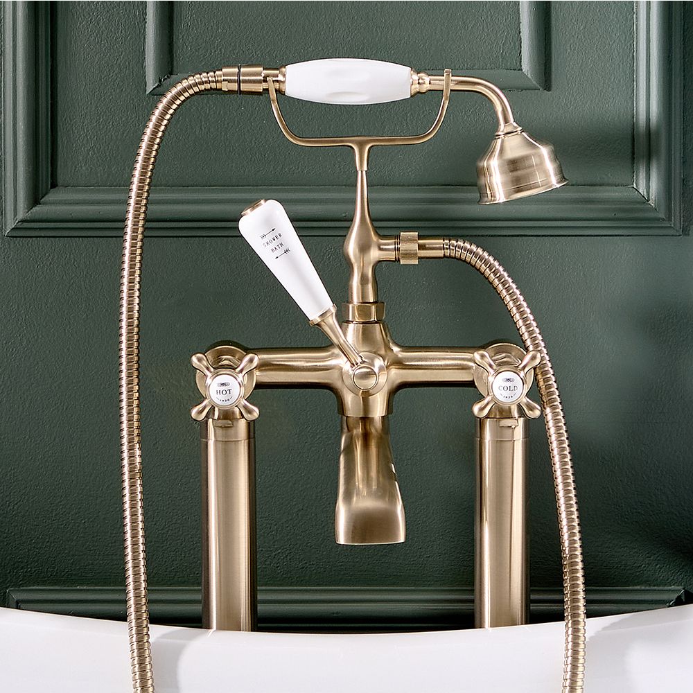Milano Elizabeth - Traditional Freestanding Crosshead Bath Shower Mixer Tap with Hand Shower - Brushed Brass