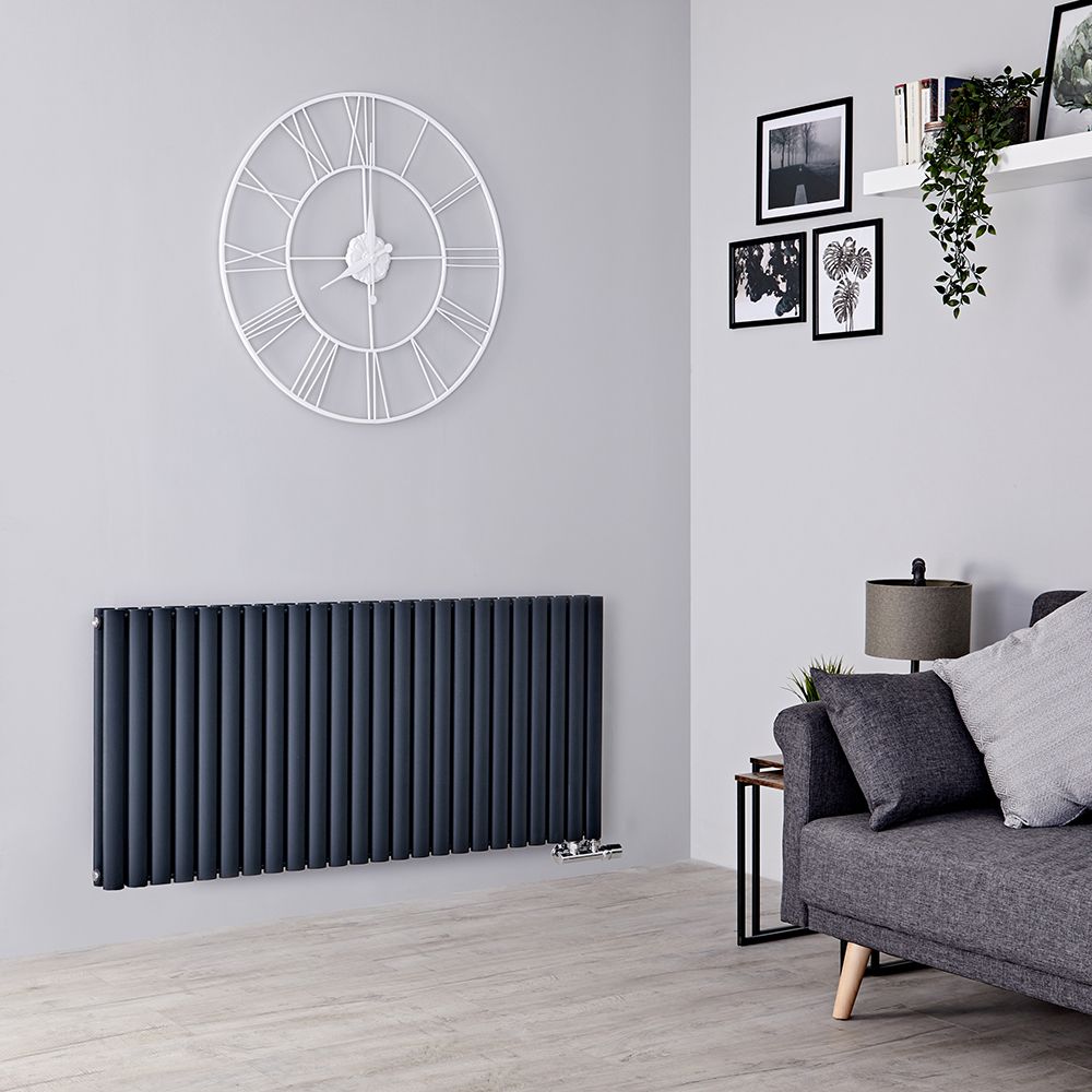 Milano Aruba Flow - Anthracite Horizontal Side Connection Designer Radiator - 635mm x 1416mm (Double Panel)