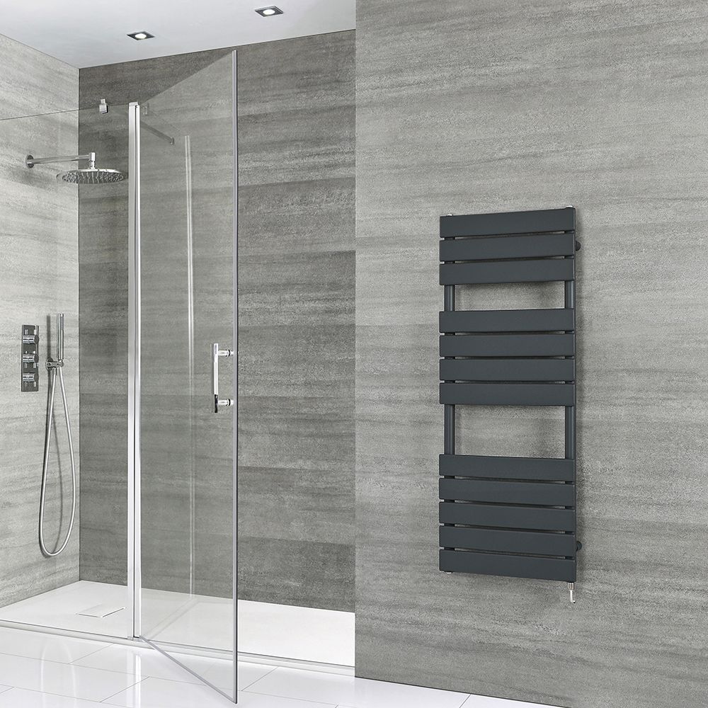 Milano x ECOSO Lustro - Electric Designer Anthracite Flat Panel Heated Towel Rail - Choice of Size, Heating Element and Cable Cover
