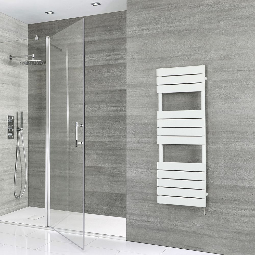 Milano x ECOSO Lustro - Electric Designer White Flat Panel Heated Towel Rail - Choice of Size, Heating Element and Cable Cover