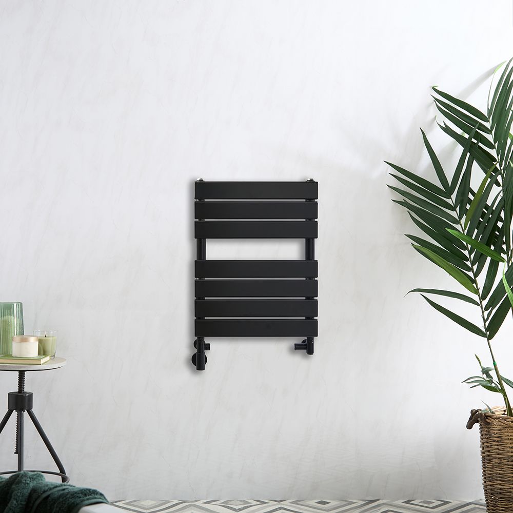 Milano Lustro Dual Fuel - Designer Black Flat Panel Heated Towel Rail - 600mm x 400mm