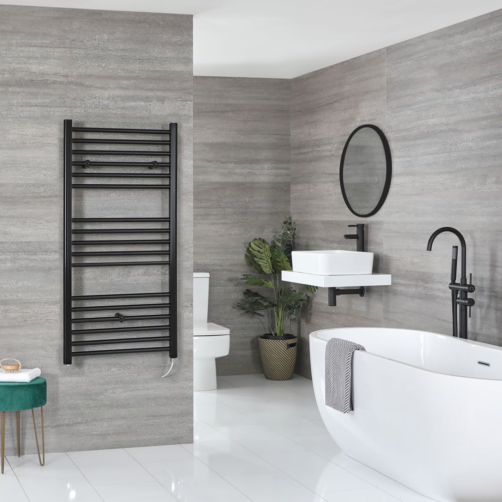 Milano x ECOSO Nero Electric - Black Straight Heated Towel Rail - Choice of Size and Heating Element