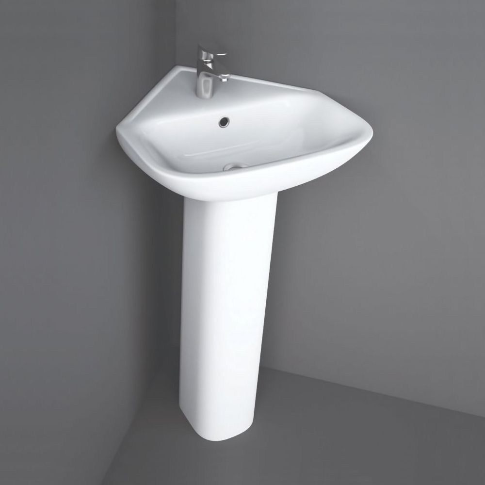 RAK Origin - Gloss White Modern Corner Basin with Full Pedestal - 450mm (1 Tap-Hole)