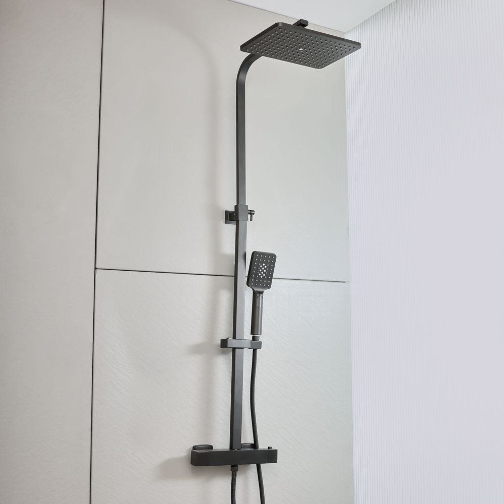 Milano Arvel - Modern Thermostatic Bar Shower Valve with Square Shower Head and Hand Shower - Black