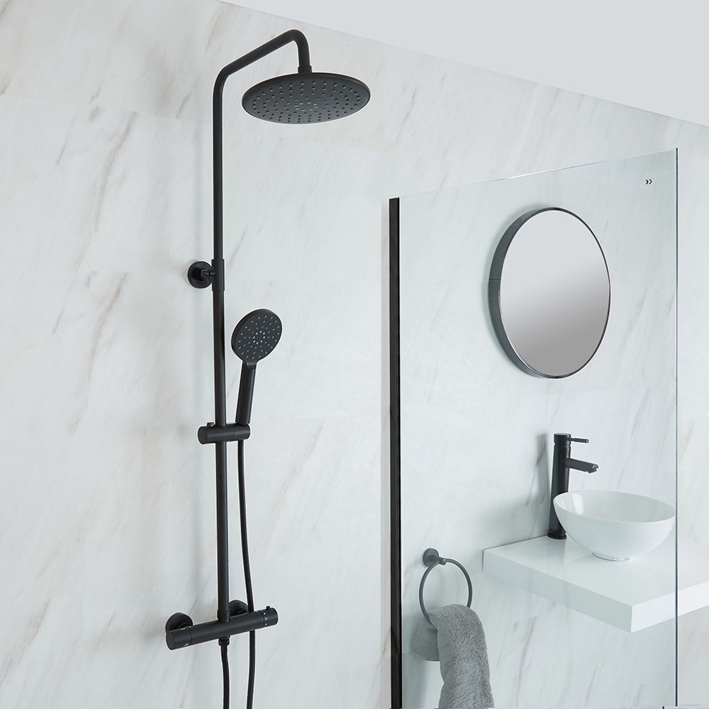 Milano Nero - Modern Thermostatic Bar Shower Valve with Round Shower Head and Hand shower - Black