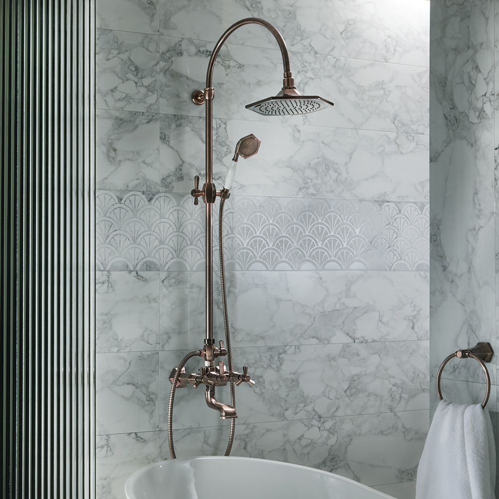 Milano Earlham - Art Deco Wall Mounted Bath Mixer Tap with Shower Head and Hand Shower - Choice of Finish